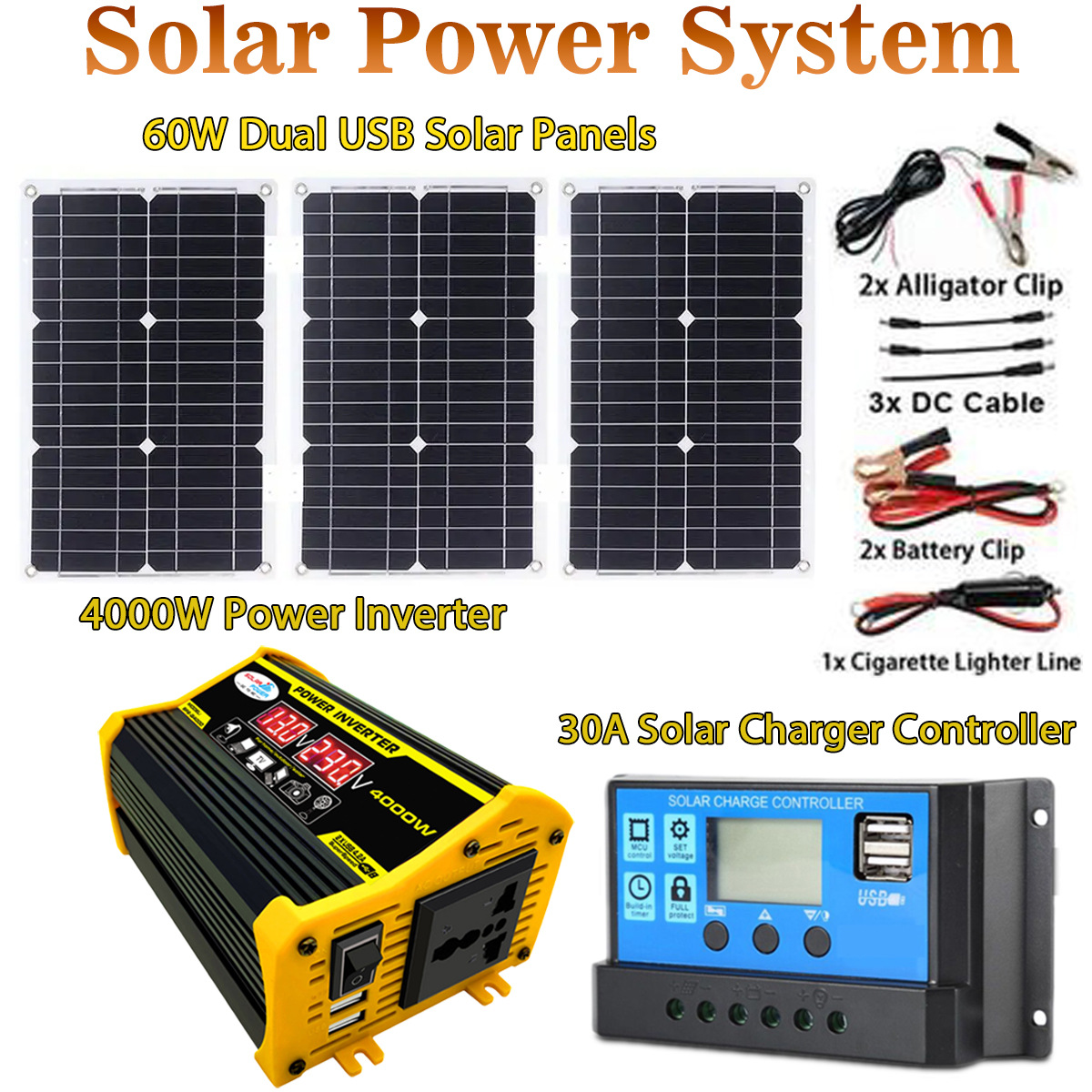 太阳能系统发电组合太阳能板控制器逆变器12V-220V110V户外电源