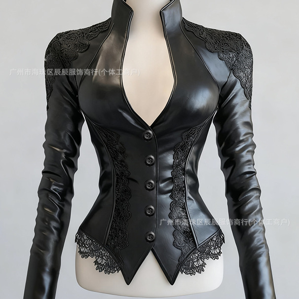 European and American French Gothic Style Women's Spring and Autumn Slim-Fit Lace-Decorated Pu Faux Leather Jacket Top Coat European and American French Gothic Style Women's Spring and Autumn Slim-Fit Lace-Decorated Pu Faux Leather Jacket Top Coat