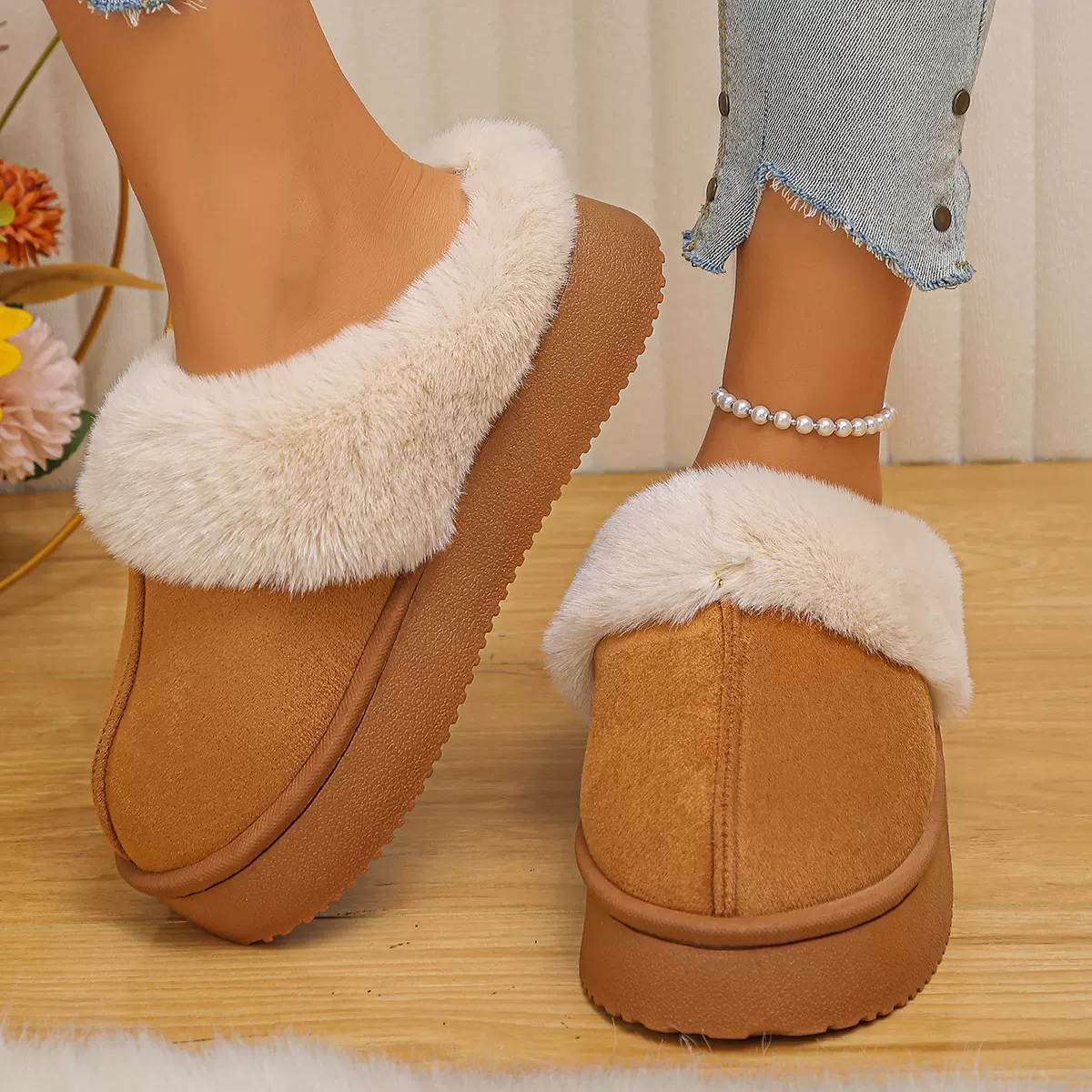 毛毛口雪地靴女2023年秋冬季新款厚底短筒加厚一脚蹬懒人棉鞋批发