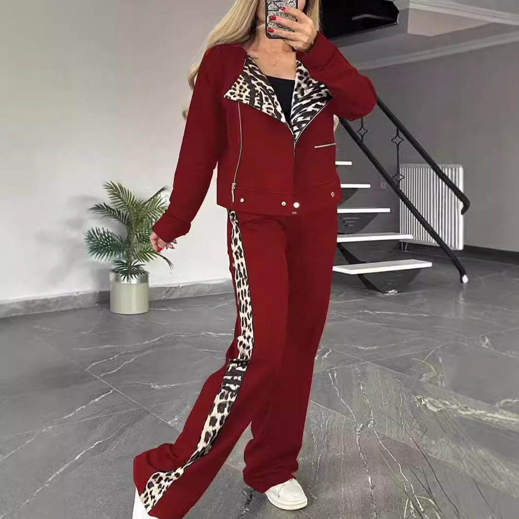 Women's Clothing Autumn and Winter Fashion Casual Double sided Leopard Print Suit Zipper Long Sleeve Suit Women_voghion.com
