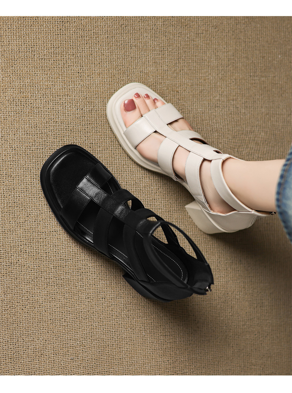 Sandal cao gót nữ mũi vuông hở ngón chân, chất da bò thô, gót 9 cm — đen chi tiết 1