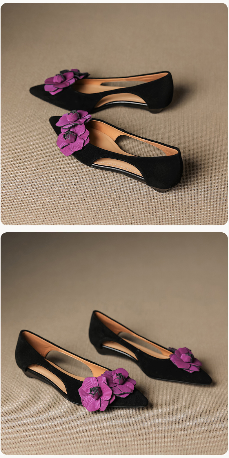 Sandal nữ mũi nhọn đế bệt quai mảnh hở bên hông hoa tím — đen chi tiết 23