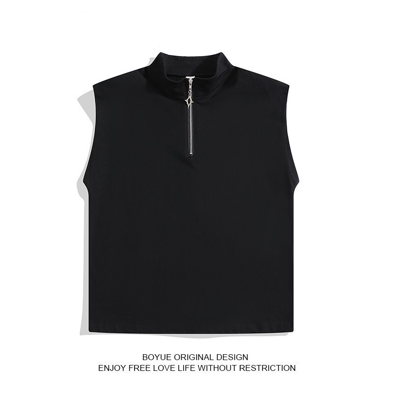 American Half-High Collar Zipper Vest Men's Niche Design Shoulder Pad Sleeveless T-Shirt High-End Pure Color Waistcoat Top