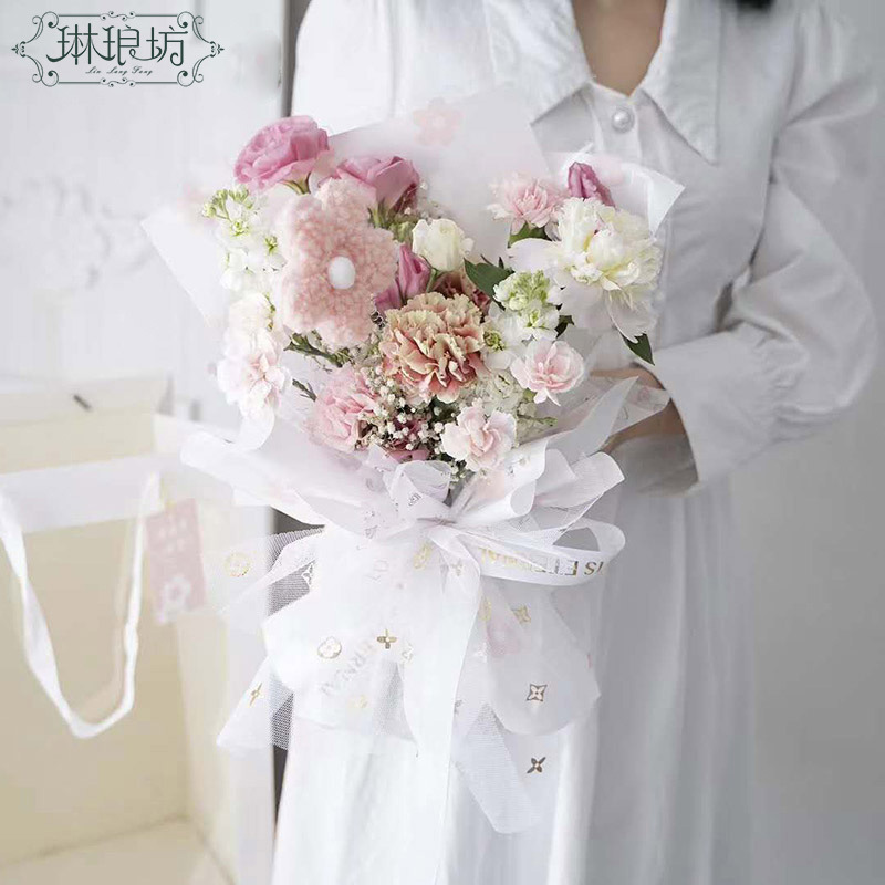 特价路易纱烫金鲜花礼品包装网纱四叶草老花图案大气花艺设计材料