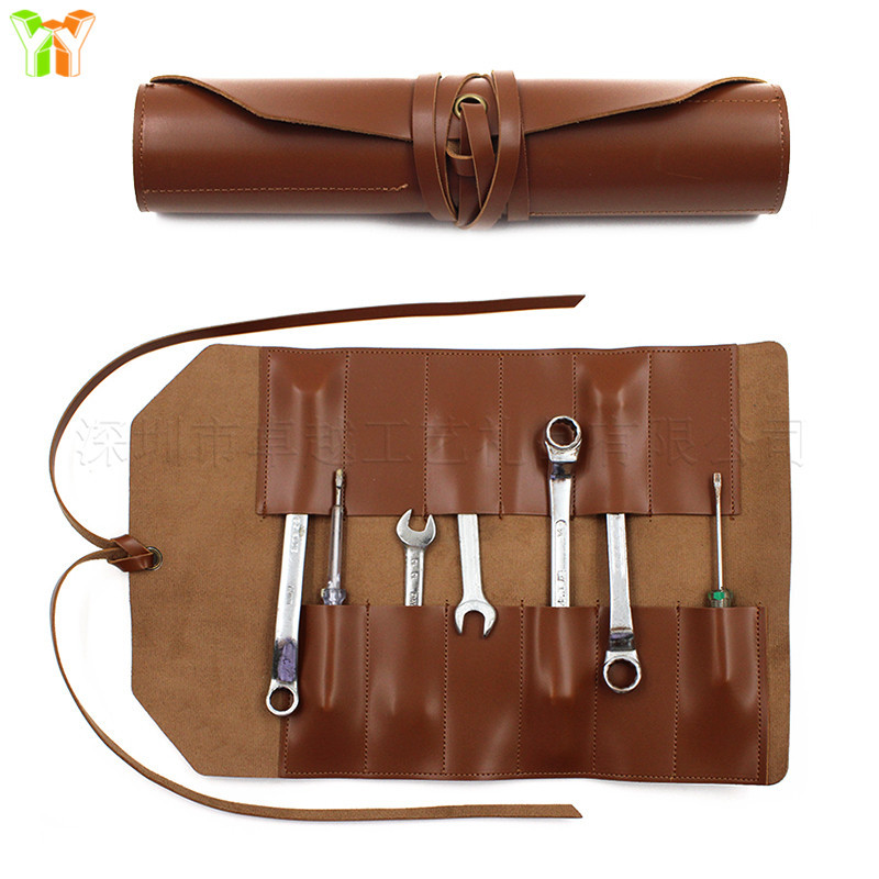 Retro Leather Tool Storage Roll Bag Portable Foldable Hardware Dual-purpose Wrench Storage Tool Roll Bag