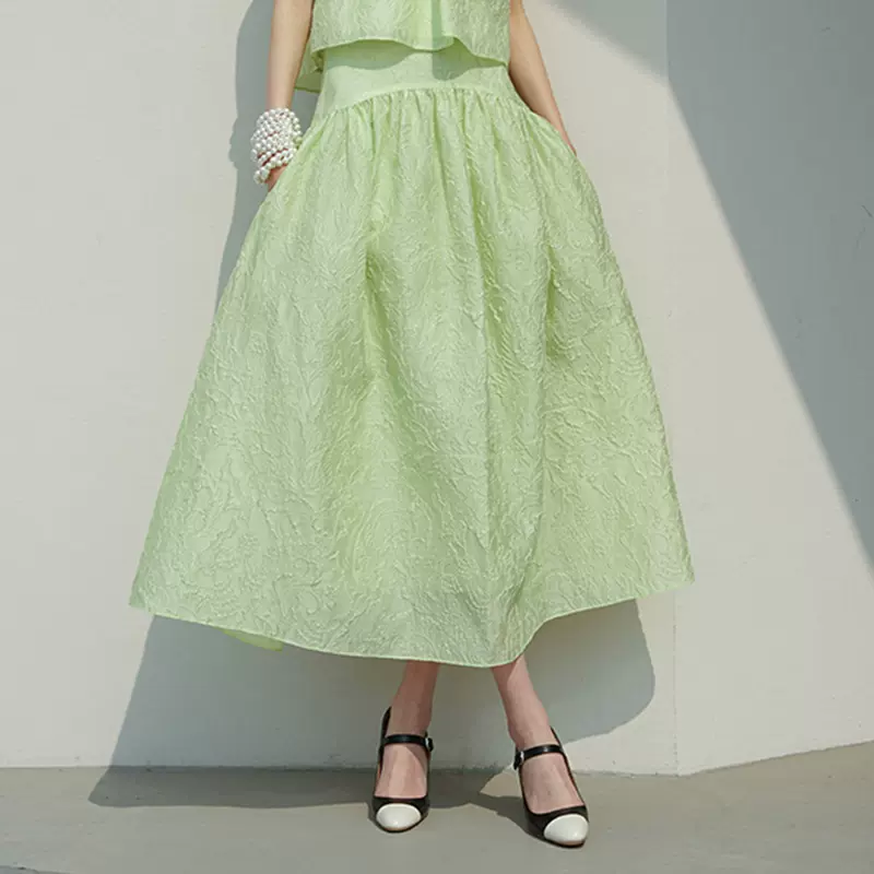 现货KOKK 山野莫奈 蜜瓜清绿 蓬蓬提花透透纱半身裙 通勤风蓬松轻