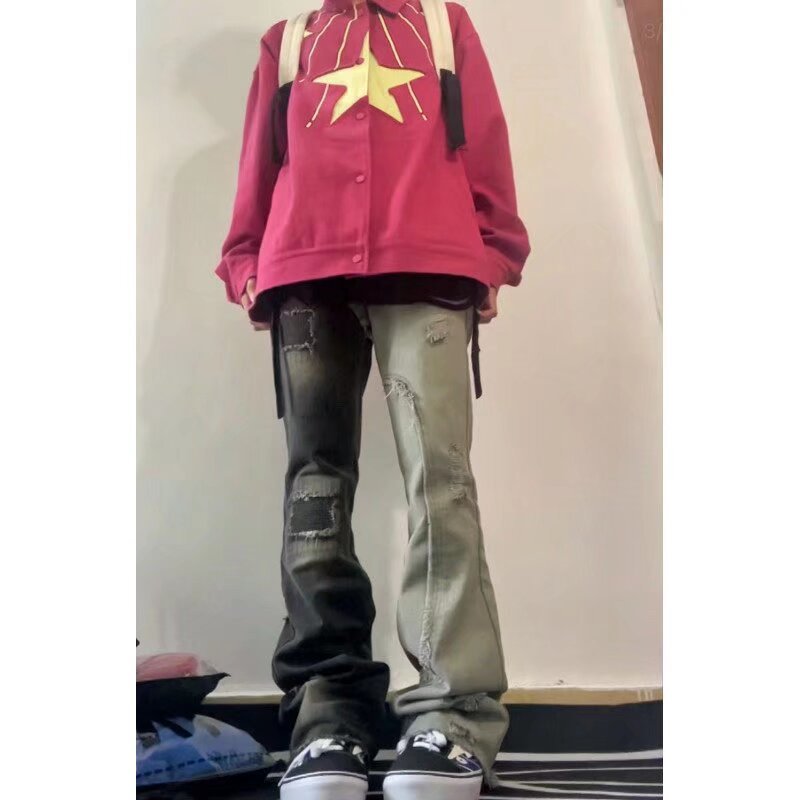 Patchwork Color Block Ripped Jeans For Men Spring And Autumn American High Street Style Slightly Flared Slim Straight_voghion.com