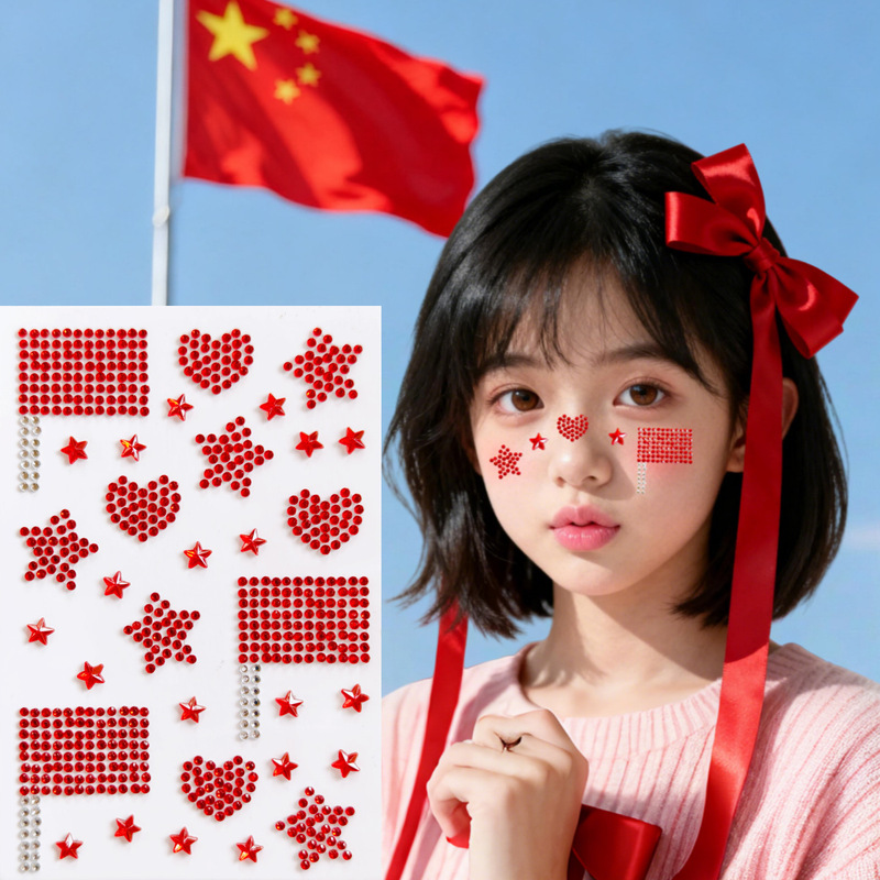 National Day Red Flag Face Stickers Imitation Makeup Five-Pointed Star Heart Adhesive Rhinestones Red Journal DIY Material Cup Stickers