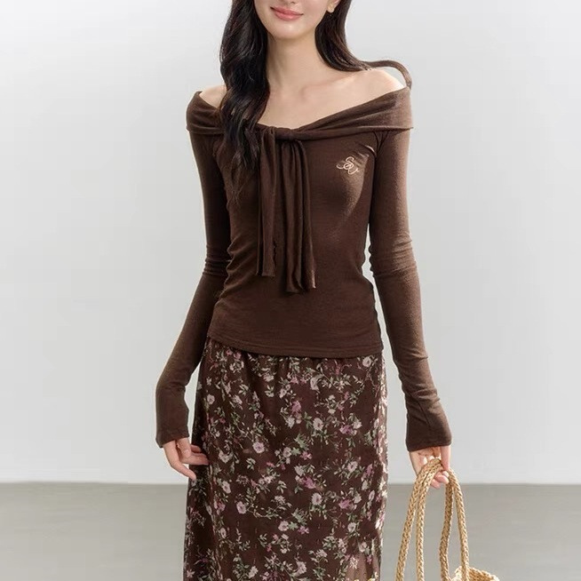 Brown Slim-Fit Long-Sleeve Knit Top with Off-Shoulder Design and Ribbon for Women
