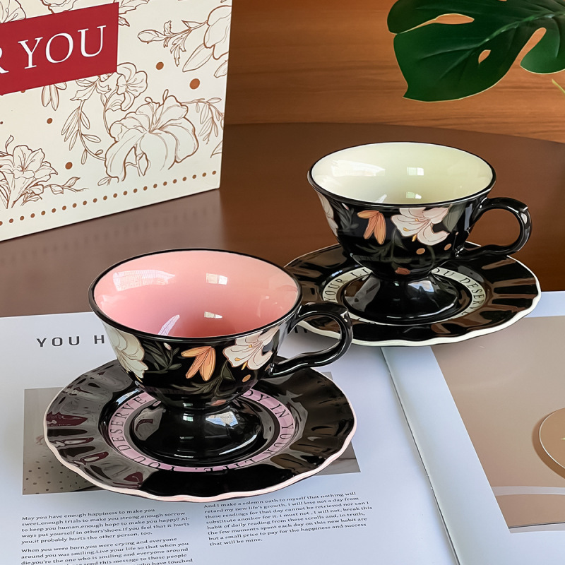 レトロ高脚カップ皿百合朝食カップ皿高颜値花卉フレンチ昼寝茶ラテコーヒーカップ皿|undefined