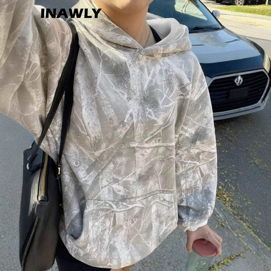 Женская толстовка с капюшоном Amazon Autumn New, камуфляжная расцветка, принт кленового листа, свободного кроя, с карманами