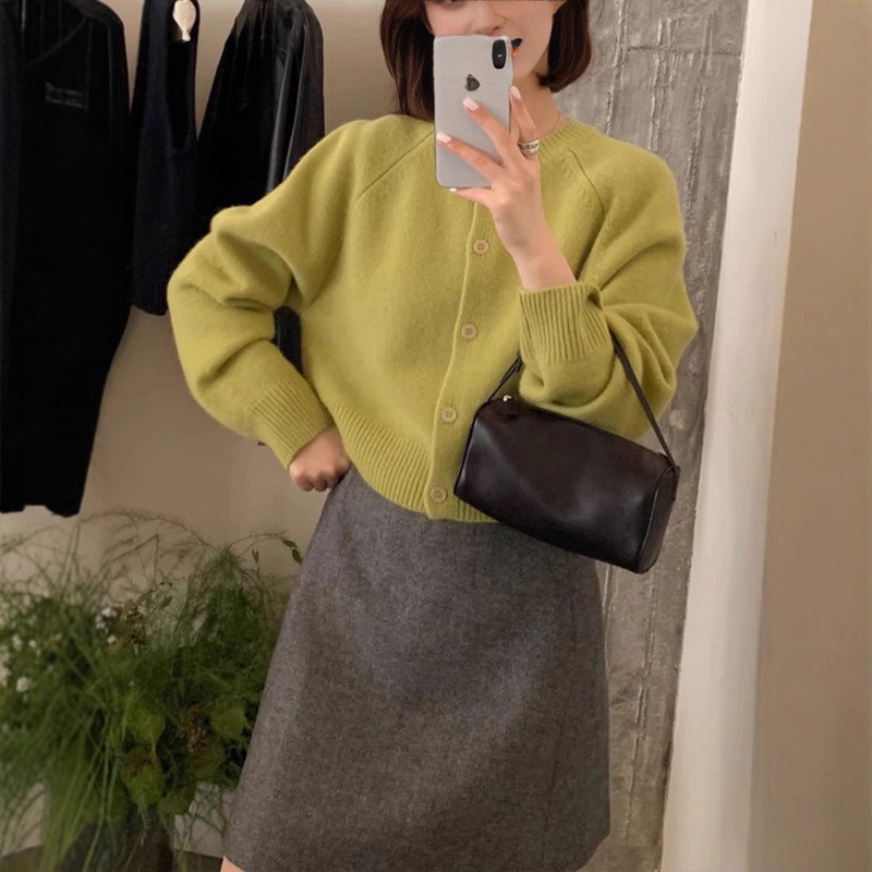 安可拉红秋冬毛衣外套女厚圆领短款针织开衫上衣韩版休闲百搭|undefined