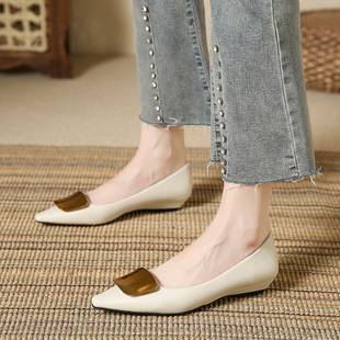 Internet Celebrity French Style Low Heel Single-layer Shoes Women's New Elegant Square Button Soft Leather Foot-free Flat Shoes All-match Shallow Women's Shoes