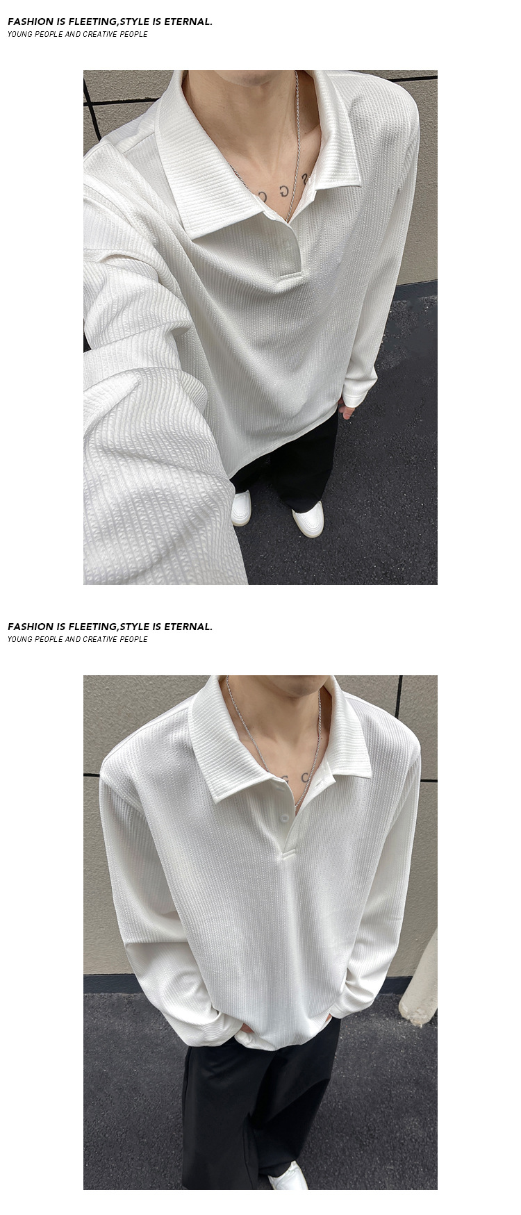 Men's Wrinkled Texture Long-sleeved Polo Shirt Solid Colour Base_voghion.com