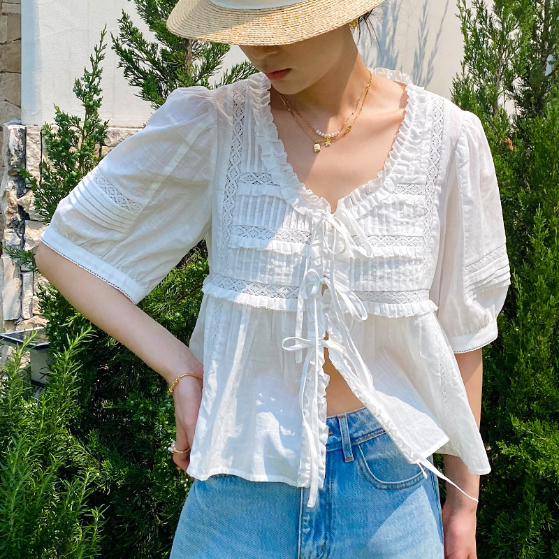 Summer Lace Patchwork V-Neck Blouse for Women, Short-Sleeve White Shirt, Shenzhen Nanyou Women's Fashion