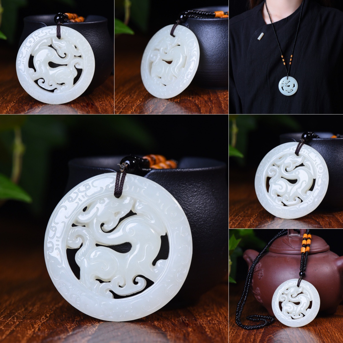YUJIAYU FIDELITY HETIAN JADE ANTIQUE LONG YU PEI 양면 할로우 라운드 브랜드 내츄럴 제이드 조디악 드래곤 펜던트