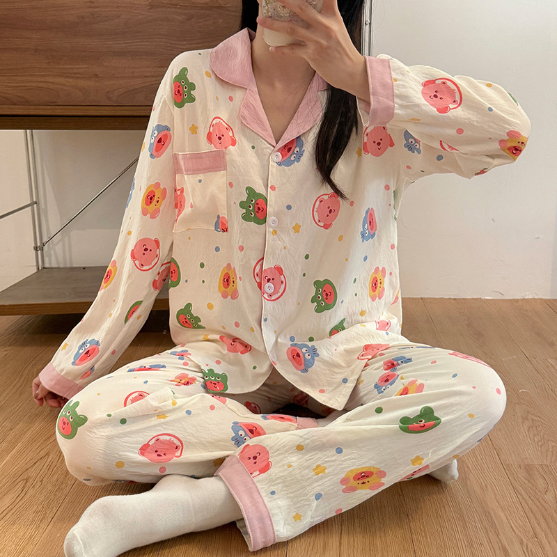 Pijamas de otoño al por mayor transfronterizos mujeres nuevas nubes de algodón de manga larga con solapa pequeña manga larga pantalones largos casuales set de ropa casera