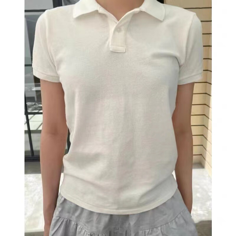 BM Style New American Style Retro White Polo Shirt Short-sleeved T-shirt Women's BM Casual Simple Lasel Button Top Trendy BM Style New American Style Retro White Polo Shirt Short-sleeved T-shirt Women's BM Casual Simple Lasel Button Top Trendy