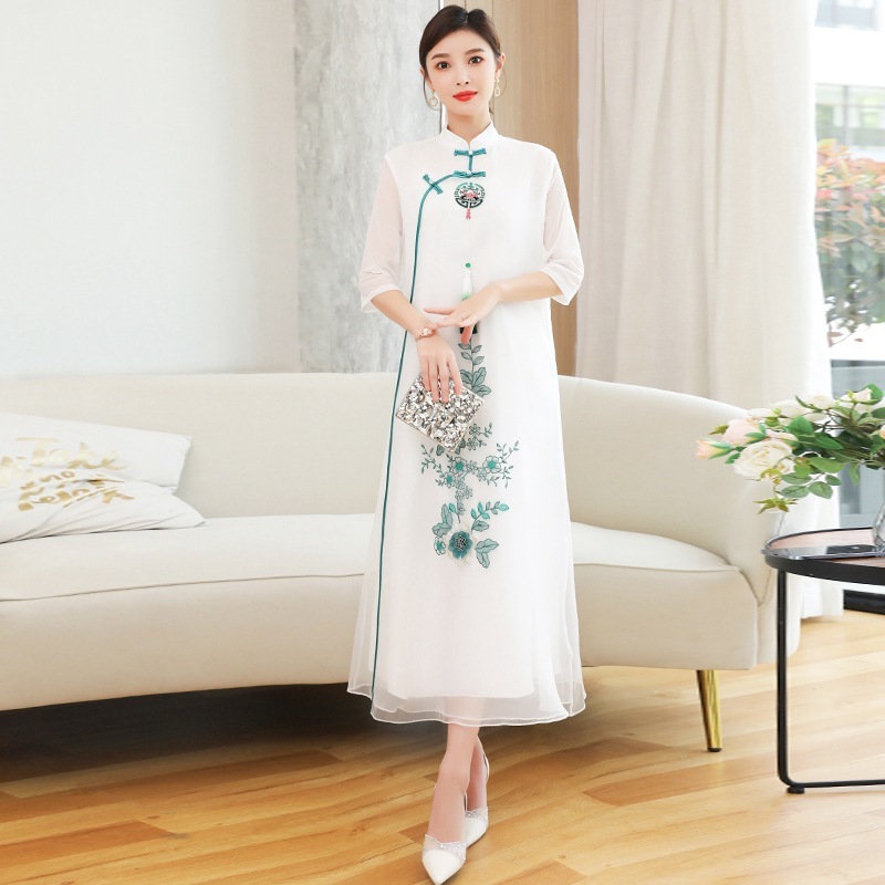 White chinese dresses oriental qipao cheongsam dress for women's Chinese style retro embroidered stand collar dress Zen tea dress meditation skirt