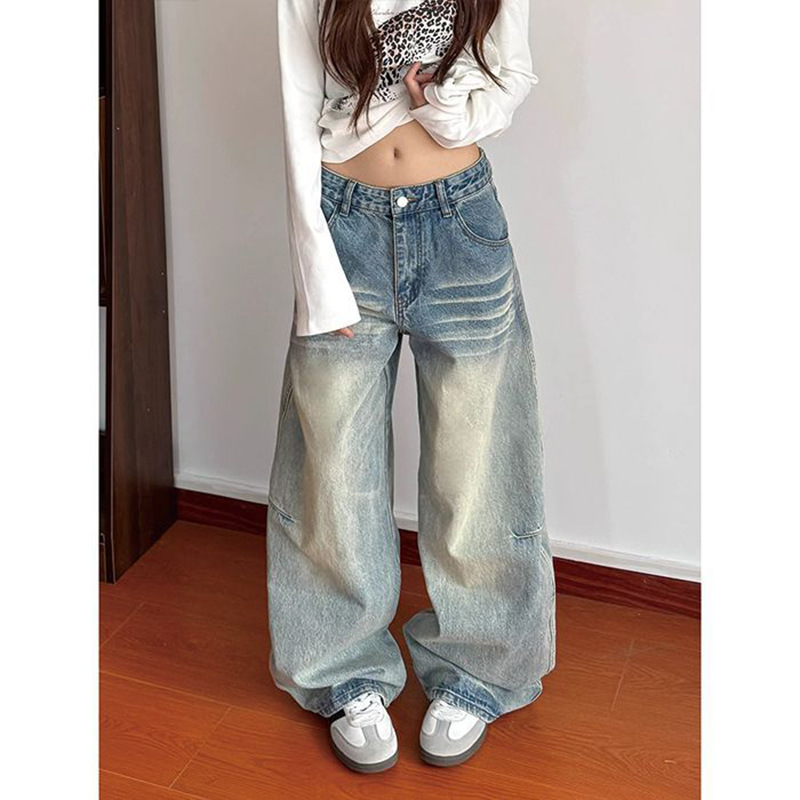 Jeans de mezclilla de estilo urbano para mujer, corte relajado, pierna ancha, largo hasta el suelo, diseño de rayas desgastadas, primavera y otoño._voghion.com