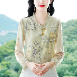 一件代发批发2026夏季新款减龄九分袖印花衬衫气质大码洋气雪纺衫