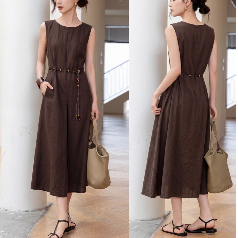 Minimalist Tencel Beaded Belt Sleeveless Tank Dress, Long Summer French Vacation Slimming A-Line Dress