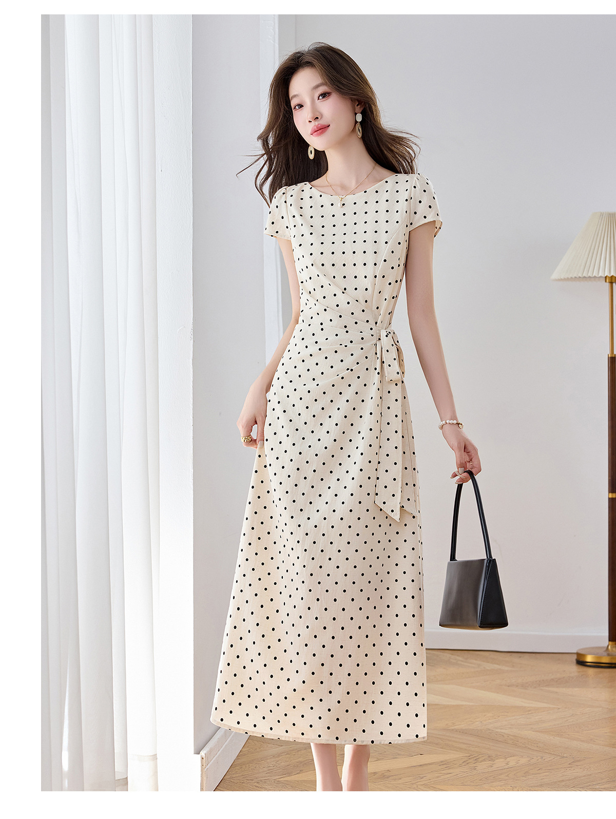 Đầm maxi nữ thắt eo tay ngắn họa tiết chấm bi phong cách nghỉ dưỡng — màu đen, màu trắng chi tiết 12