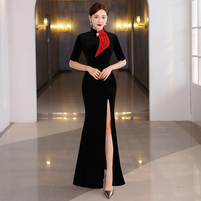 Black with red lace Cheongsam black Chinese dresses qipao retro cheongsam long elegant dress during Chinese cheongsam dress team performance