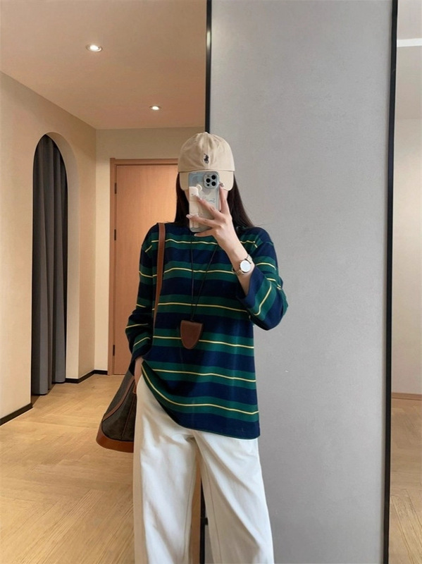 时髦纸片人棉质宽松百搭条纹圆领长袖T恤女秋季显瘦中长款打底衫|undefined