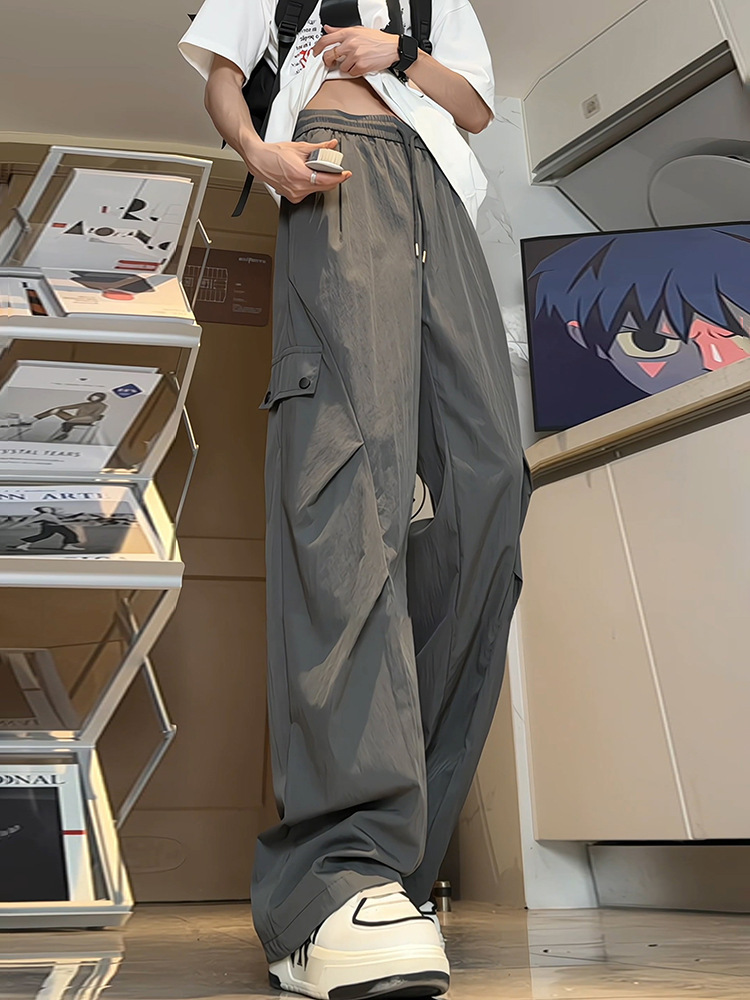 dark gray American-style overalls men's summer thin tall long quick-drying pants pleated hiking paratrooper pants