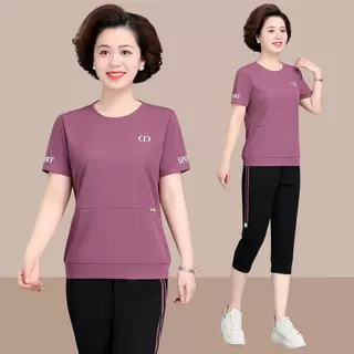 中老年妈妈夏装短袖运动服套装女2026新款中年洋气50岁60夏季上衣