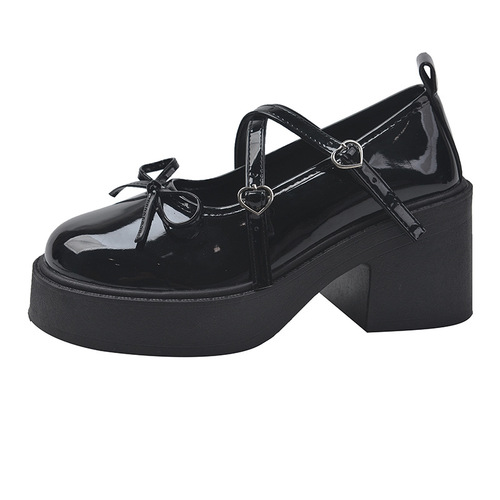 French Mary Jane small leather shoes for women in spring new thick sole heightened bow with skirt thick heel high heels