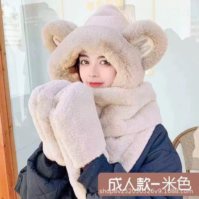 2025可爱卡皮巴拉帽子围巾一体三件套女秋冬毛绒护耳帽水豚保暖防|undefined