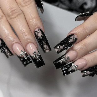 Wearable Nails with Medium-Length Rectangular Black French Edge Cross Steel Beads and Bow Decorations, Detachable Fake Nails