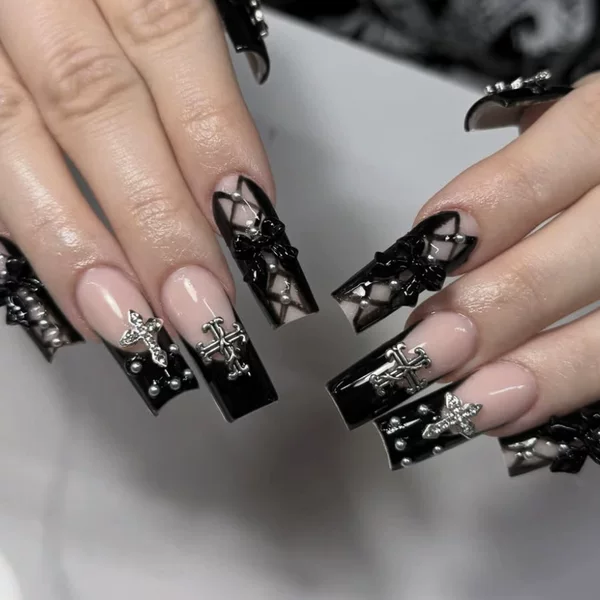 Wearable Nails with Medium-Length Rectangular Black French Edge Cross Steel Beads and Bow Decorations, Detachable Fake Nails
