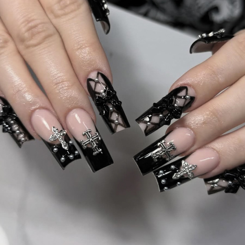 Wearable Nails with Medium-Length Rectangular Black French Edge Cross Steel Beads and Bow Decorations, Detachable Fake Nails Wearable Nails with Medium-Length Rectangular Black French Edge Cross Steel Beads and Bow Decorations, Detachable Fake Nails