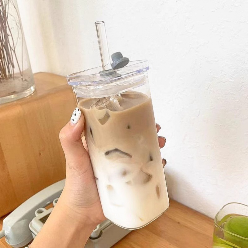 高ホウ素シリコンガラスの四角いコップのジュースのリボンは蓋のストローの杯の花のお茶の角の杯の耐熱の家庭の目盛りのコップを持ちます。|undefined