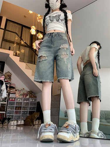 Vintage, torn, five-cent jeans, women's 2025 summer, high waist, large size, loose, slimming straight, wide leg, medium pants