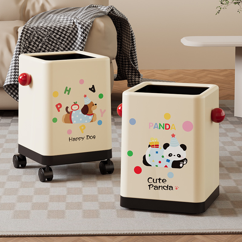 2026 New Model Wheeled Trash Can with Cartoon Design, High Aesthetic Value, for Home Use in Living Room and Bedroom, Large Capacity Storage Bin Without Lid