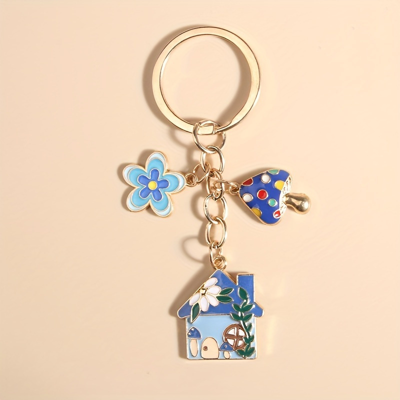 Korean style diy accessories house flower mushroom metal key chain cute color key chain pendant decoration