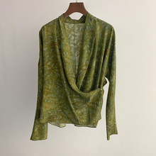 仙气飘飘真丝围裹上衣 V领垂坠丝滑优雅长袖色块印花蚕丝衬衣春秋