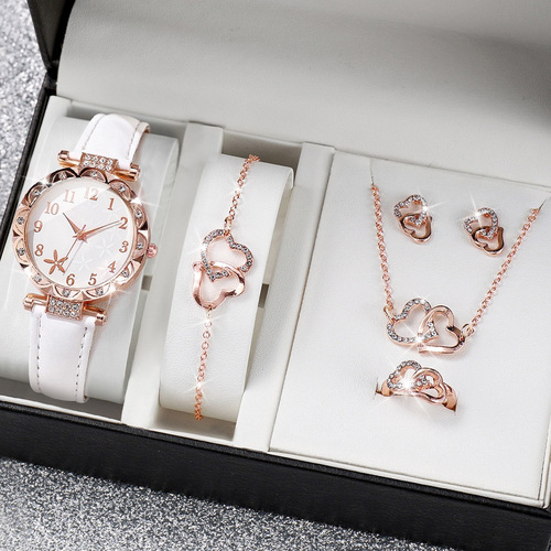 New Women's Casual Luxury-Style Diamond-Embedded Star Pattern Dial Quartz Watch with Leather Strap and Beaded Bracelet Set
