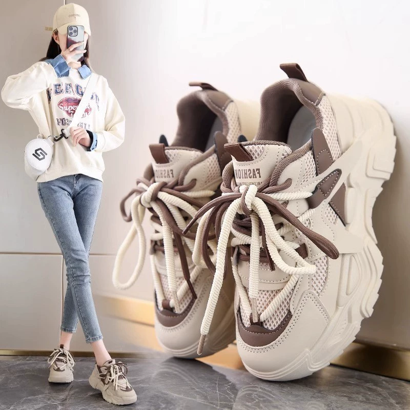 Двойная сетка дышащая папочка обувь женская весна 2024 новая спортивная обувь среднего каблука с мягким подошвой широкие ноги с толстой подошвой