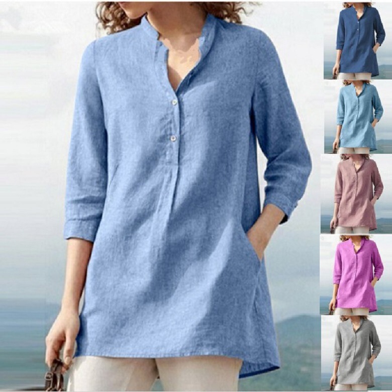 Amazon Foreign Trade Cross-border ebay New European and American Women's Solid Color Seven-point Sleeve Collar Cotton and Linen Casual Pullover Shirt Amazon Foreign Trade Cross-border ebay New European and American Women's Solid Color Seven-point Sleeve Collar Cotton and Linen Casual Pullover Shirt