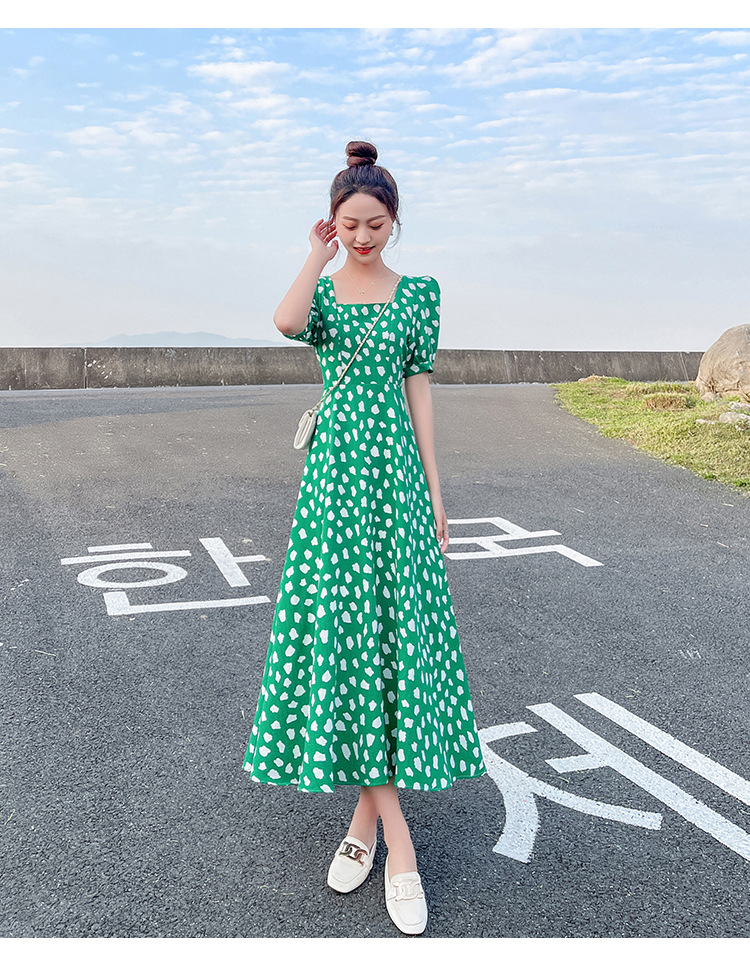Sexy Short-sleeved Korean Hepburn-style Elegant Dress, A-line Chiffon, Pure And Alluring, Plus-size, Green Floral_ecoleips.com