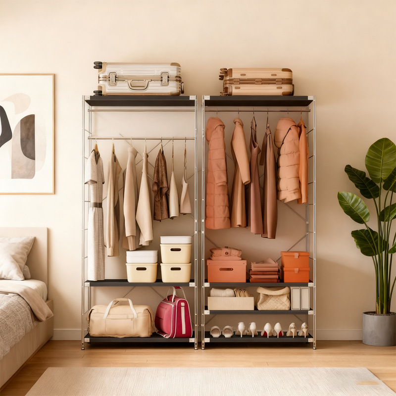 Black Coat Rack, Clothes Rack, Bedroom Floor-Standing Clothes Storage Rack, Walk-In Closet Rack, Open Wardrobe
