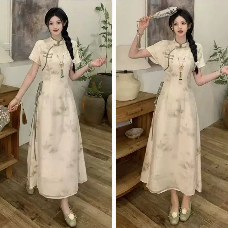 Новое зеленое платье больших размеров в китайском стиле для девочек, женское летнее утягивающее элегантное улучшенное длинное платье Cheongsam для полных девушек