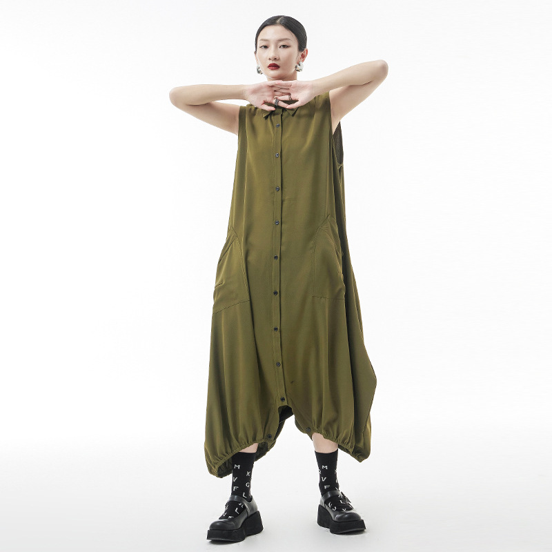 Japanese Yamamoto style lapel sleeveless jumpsuit women's summer thin loose single-breasted drape cropped dress pants