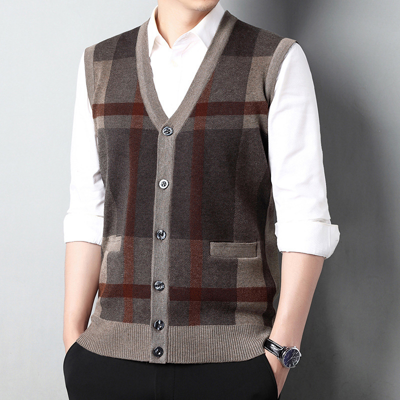 Cardigan Sweater Men's Vest Autumn and Winter Men's Sleeveless Single-Breasted Sweater Vest Warm Men's Waistcoat