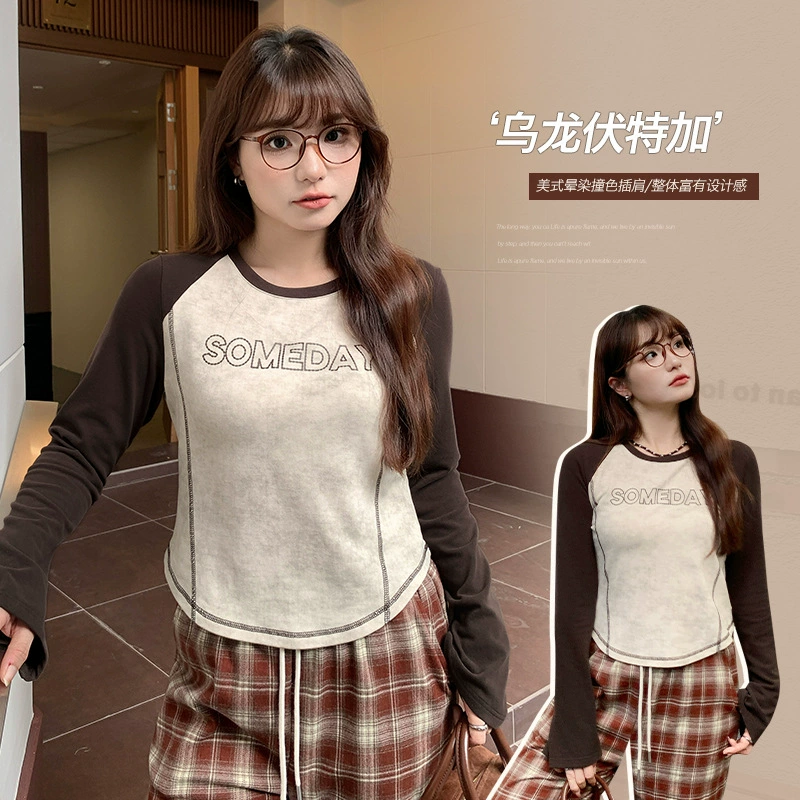 Американский ретро с положительным плечом темпераментный цвет футболка женская осень большой размер толстый мм талия тонкая универсальный топ 65048